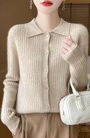 Wool Cardigan Polo Collar Knit Sweater