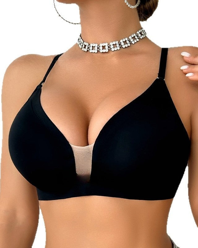 Women's wire-free back-beautifying bra featuring deep U-neck mesh stitching, a crisscross back design, and seamless nylon construction for breathable support and invisible layering.