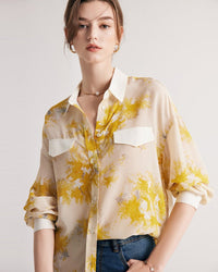 Women's mulberry silk shirt featuring yellow floral 3D digital print, contrast white polo collar and cuffs, loose fit design for spring summer.