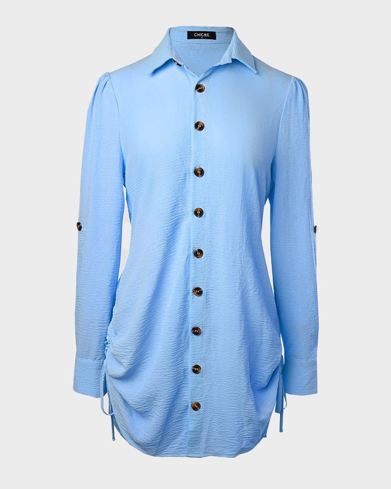Long Sleeve Drawstring Button Shirt Dress