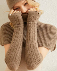 100 % cashmere long arm warmers, rib-knit, full-finger opening, 44 cm length, heather taupe—cloud-soft winter warmth for typing, driving or layering under coats.