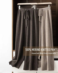 100 % merino-wool wide-leg pants, drawstring high waist, ankle-skimming length, heather taupe—cloud-soft warmth for winter lounging or city outings.
