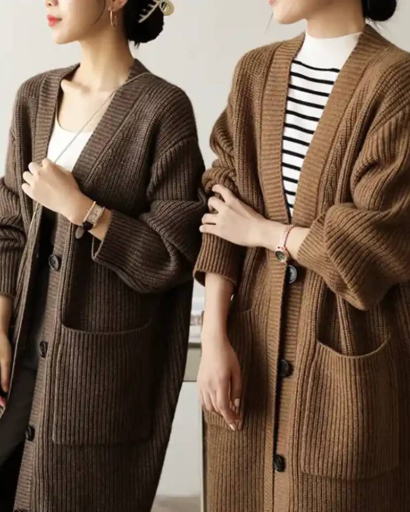 100% Wool Ribbed Long Cardigan With Pockets