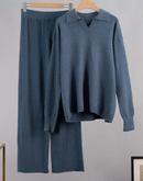 Casual Polo Neck Sweater & Wide Leg Sweatpants Set