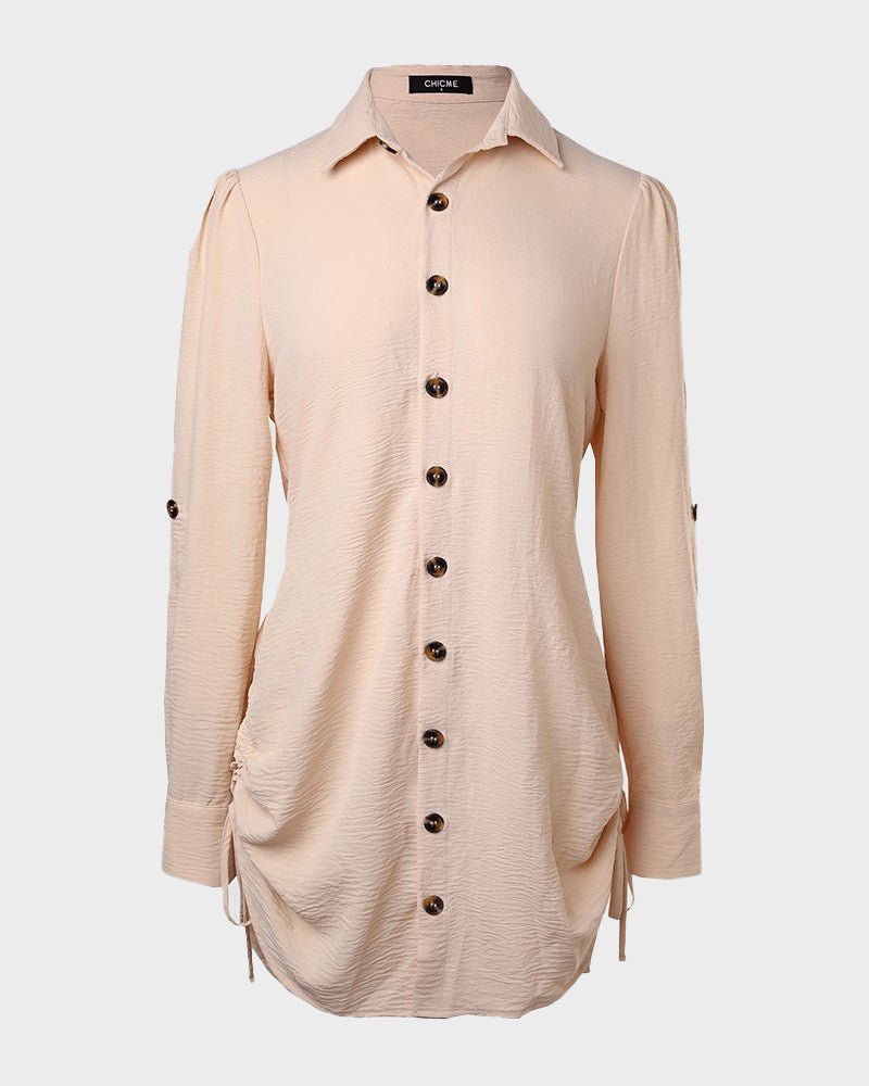 Long Sleeve Drawstring Button Shirt Dress