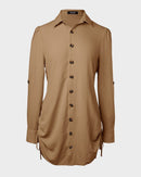 Long Sleeve Drawstring Button Shirt Dress