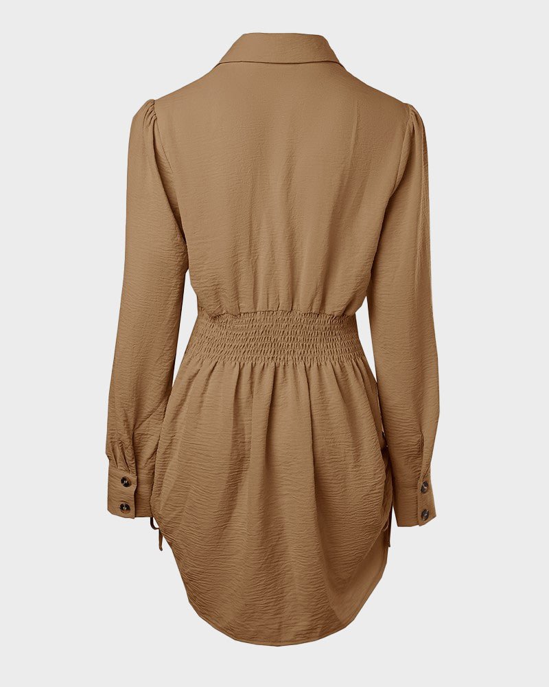 Long Sleeve Drawstring Button Shirt Dress