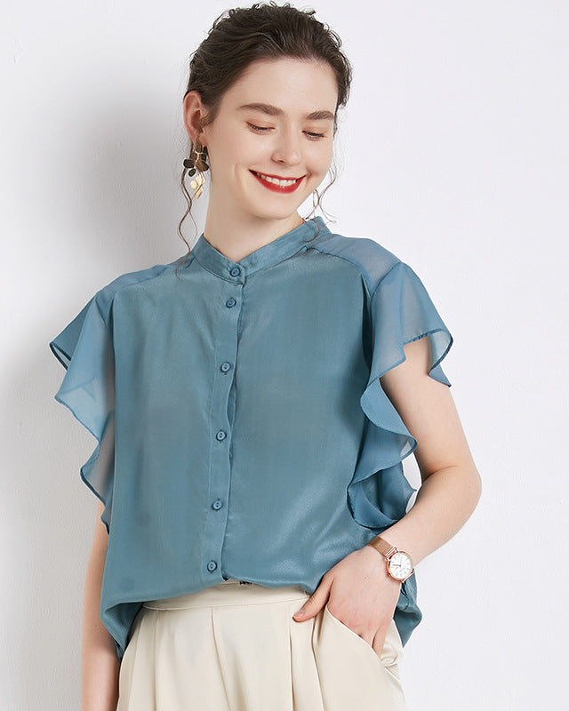 Elegant Ruffled Sleeve Silk Shirt