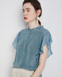 Elegant Ruffled Sleeve Silk Shirt