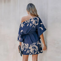 Leaf Print One-Shoulder Belted Mini Dress