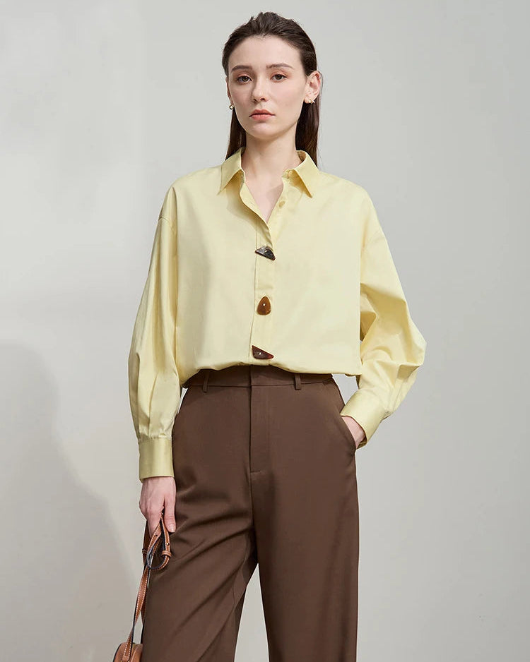 Simple Pure Cotton Long-Sleeved Button Pullover Shirt