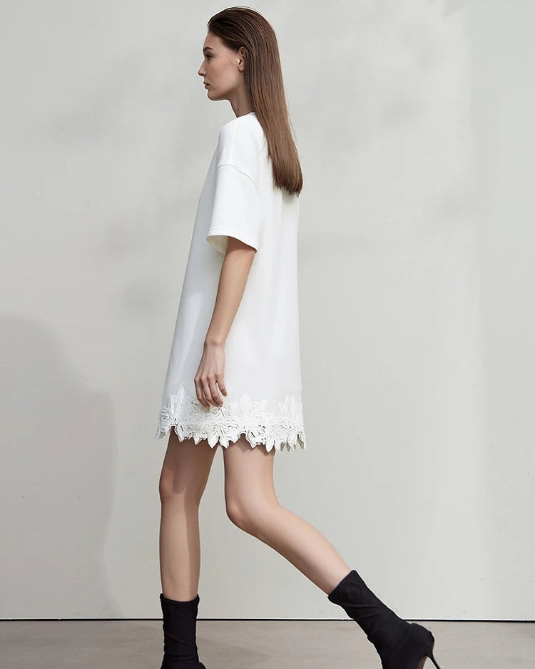 Round Neck Drop Shoulder Lace Long T-Shirt