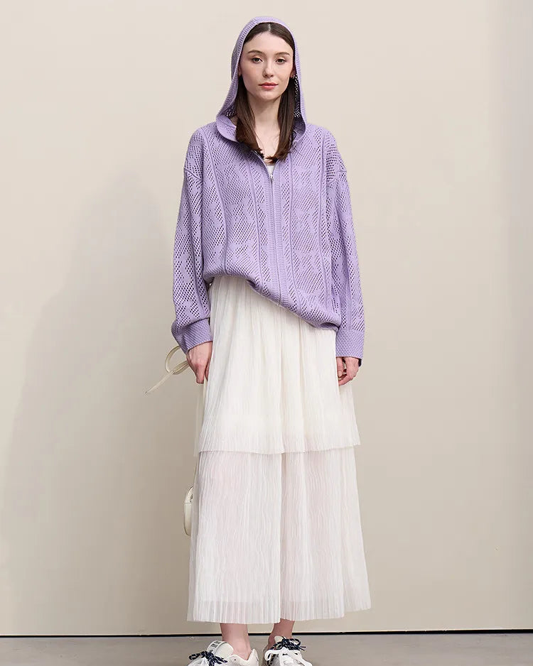 New Hooded Openwork Jacquard Knit Cardigan