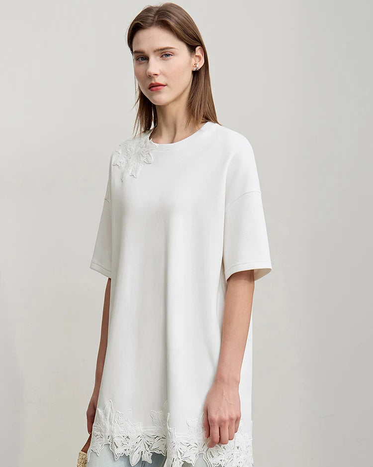 Round Neck Drop Shoulder Lace Long T-Shirt