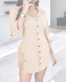 Long Sleeve Drawstring Button Shirt Dress