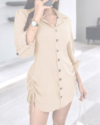 Long Sleeve Drawstring Button Shirt Dress