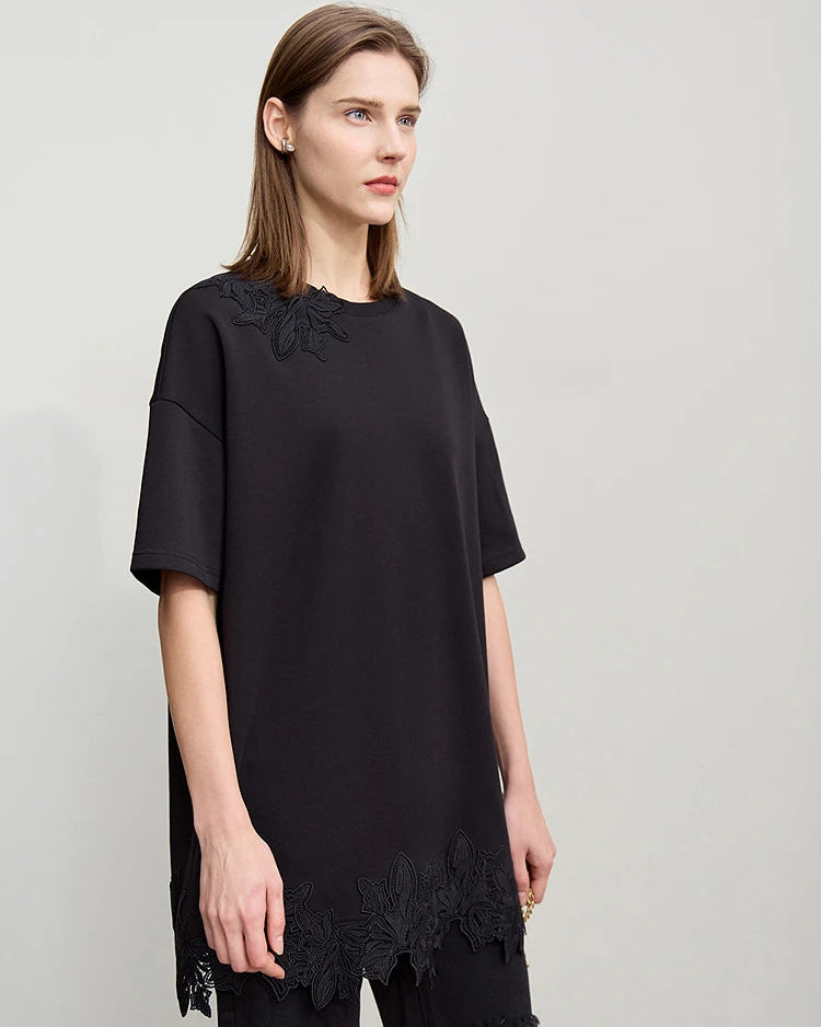 Round Neck Drop Shoulder Lace Long T-Shirt