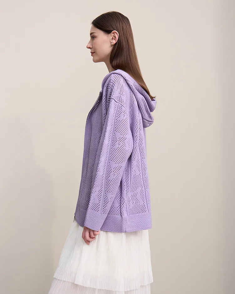 New Hooded Openwork Jacquard Knit Cardigan