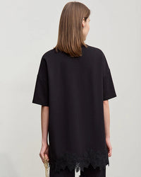 Round Neck Drop Shoulder Lace Long T-Shirt