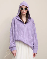 New Hooded Openwork Jacquard Knit Cardigan