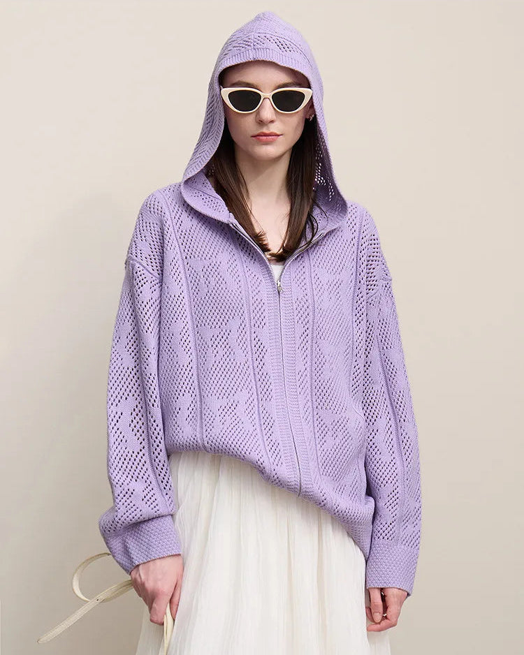 New Hooded Openwork Jacquard Knit Cardigan