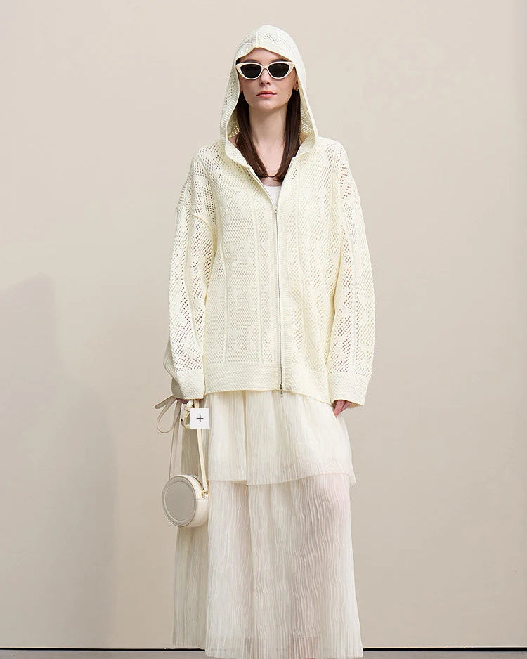 New Hooded Openwork Jacquard Knit Cardigan