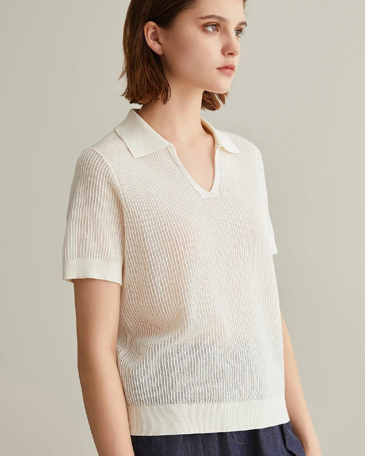 Linen Silk Polo Collar Knit Short-Sleeved Shirt