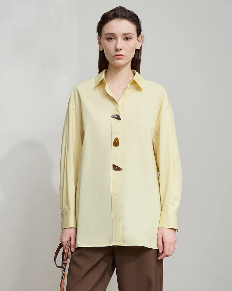Simple Pure Cotton Long-Sleeved Button Pullover Shirt
