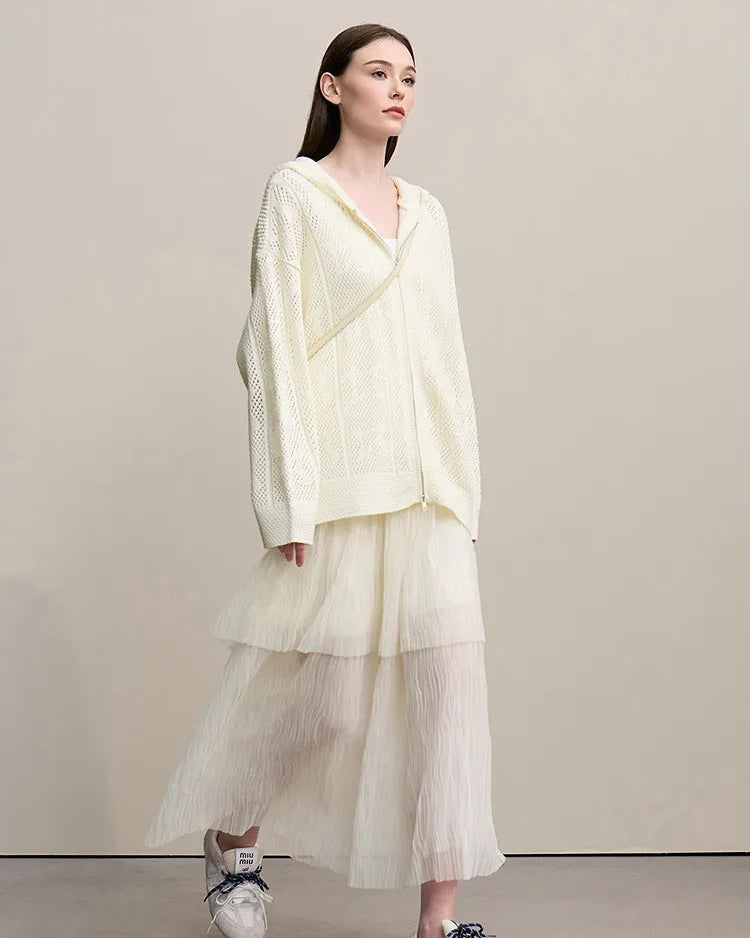 New Hooded Openwork Jacquard Knit Cardigan