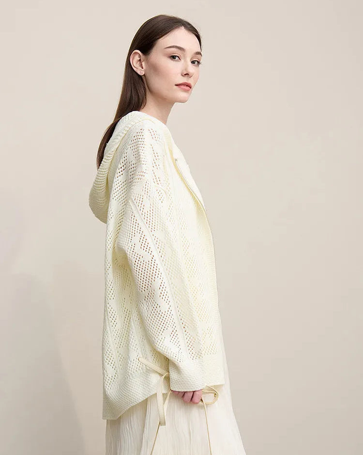 New Hooded Openwork Jacquard Knit Cardigan