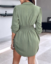 Long Sleeve Drawstring Button Shirt Dress
