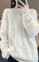 Wool Crew Neck Openwork Loose Slimming Sweater