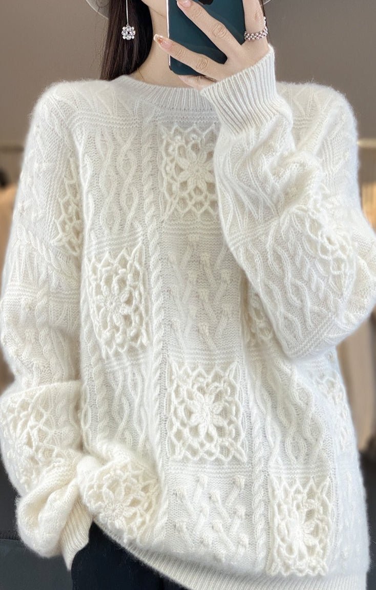 Wool Crew Neck Openwork Loose Slimming Sweater
