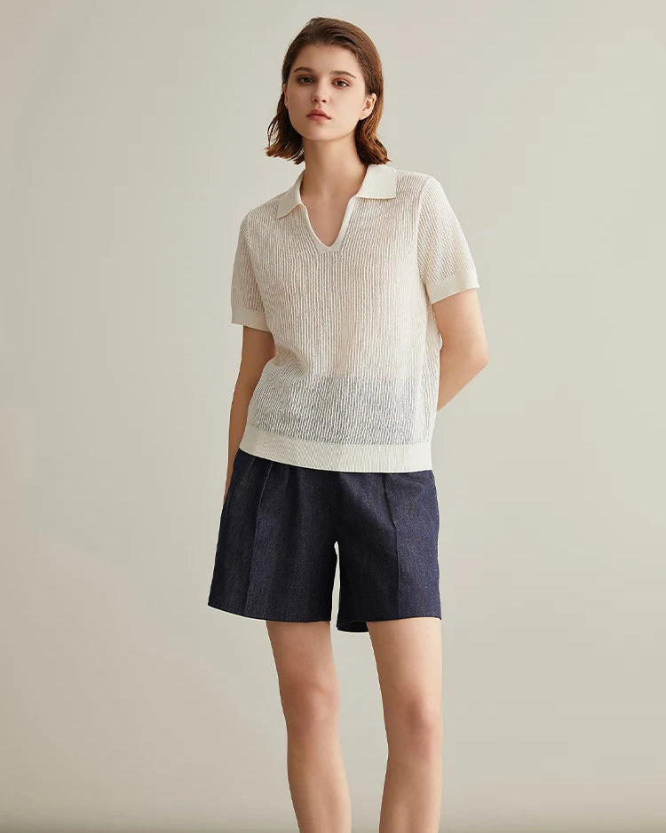 Linen Silk Polo Collar Knit Short-Sleeved Shirt