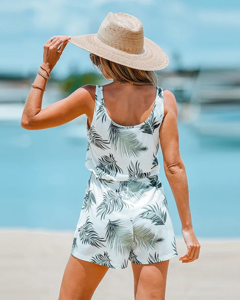 Tropical Leaf Print Lace Up Cami Romper