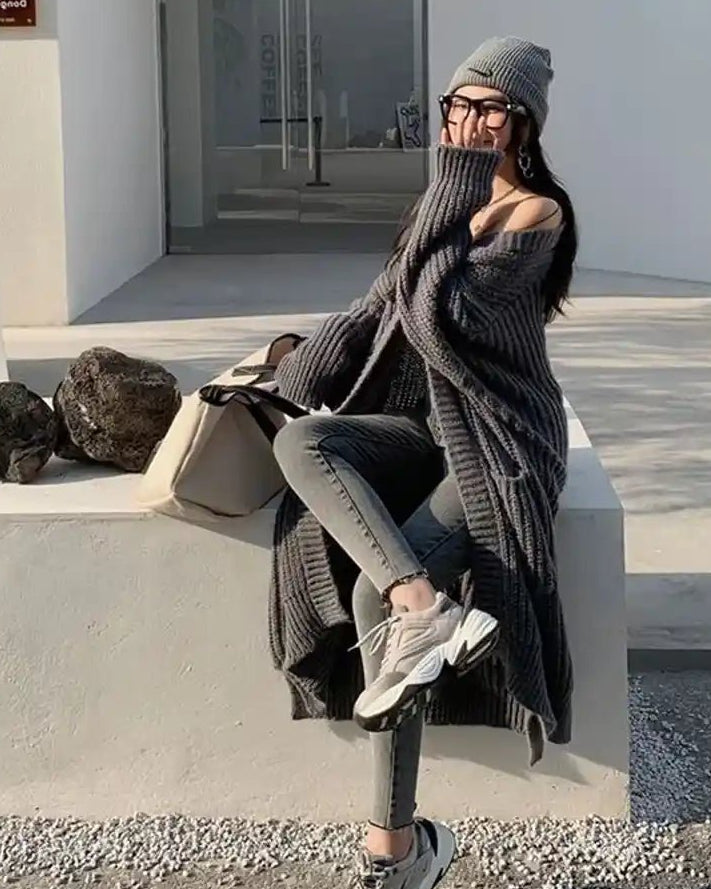Slouchy Long Ribbed Cardigan With Pockets