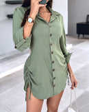Long Sleeve Drawstring Button Shirt Dress