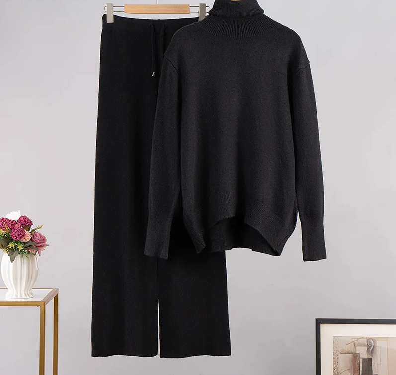 Thick Turtleneck Sweater & Wide Leg Pants Set