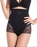 Women's High-waisted lace tummy control panties featuring a breathable mesh nylon blend, seamless silhouette, and no-clasp design for invisible smoothing under summer dresses.