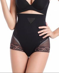 Women's High-waisted lace tummy control panties featuring a breathable mesh nylon blend, seamless silhouette, and no-clasp design for invisible smoothing under summer dresses.