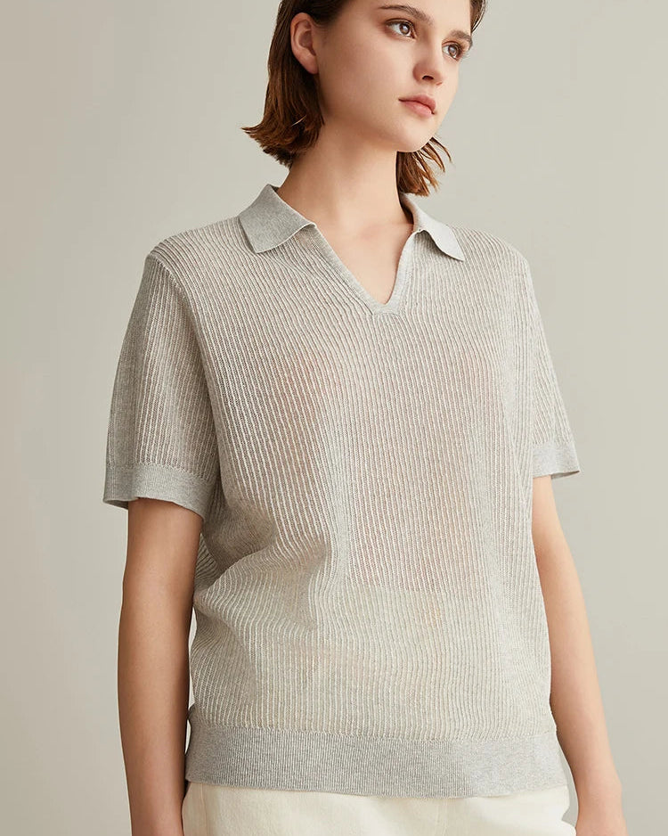 Linen Silk Polo Collar Knit Short-Sleeved Shirt