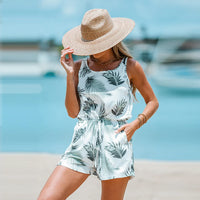 Tropical Leaf Print Lace Up Cami Romper