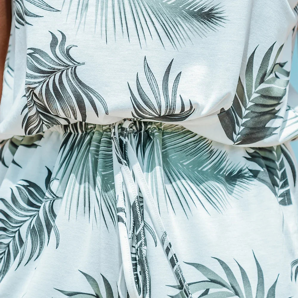 Tropical Leaf Print Lace Up Cami Romper