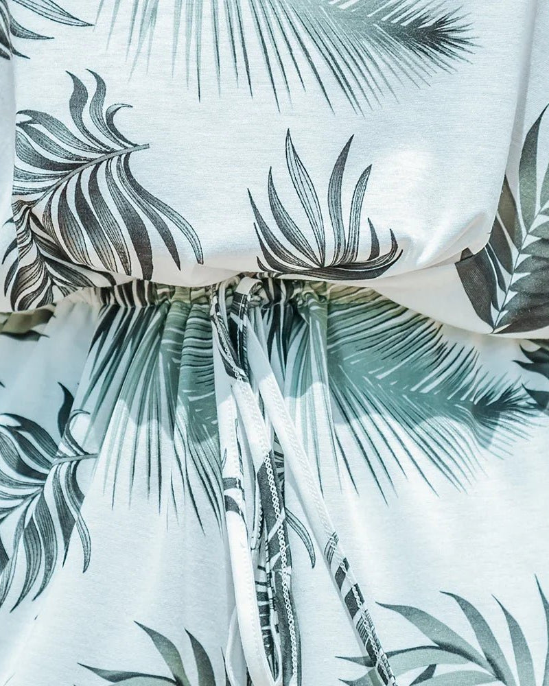 Tropical Leaf Print Lace Up Cami Romper