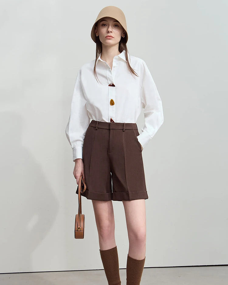 Simple Pure Cotton Long-Sleeved Button Pullover Shirt