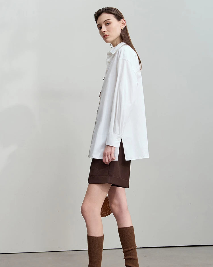 Simple Pure Cotton Long-Sleeved Button Pullover Shirt
