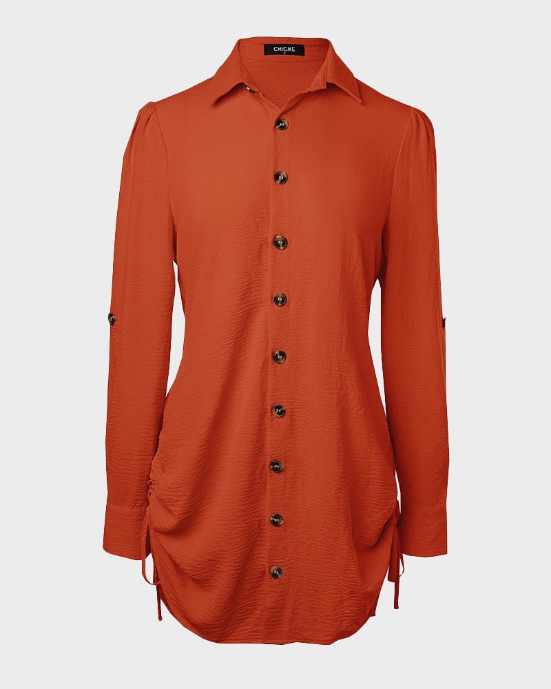 Long Sleeve Drawstring Button Shirt Dress
