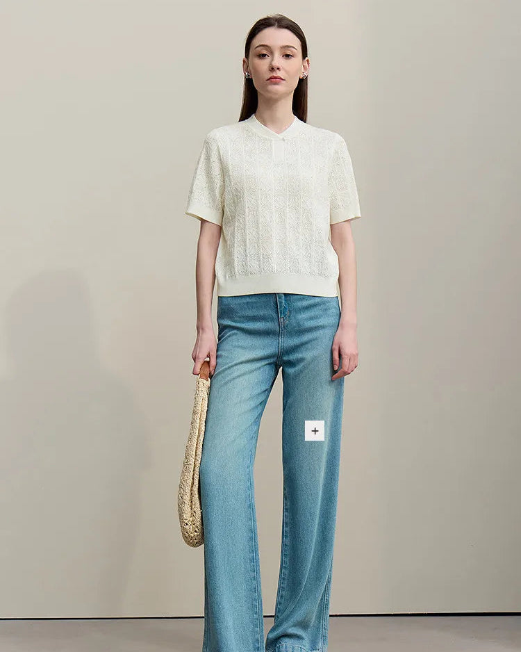 Button-Down Collar Openwork Shirt