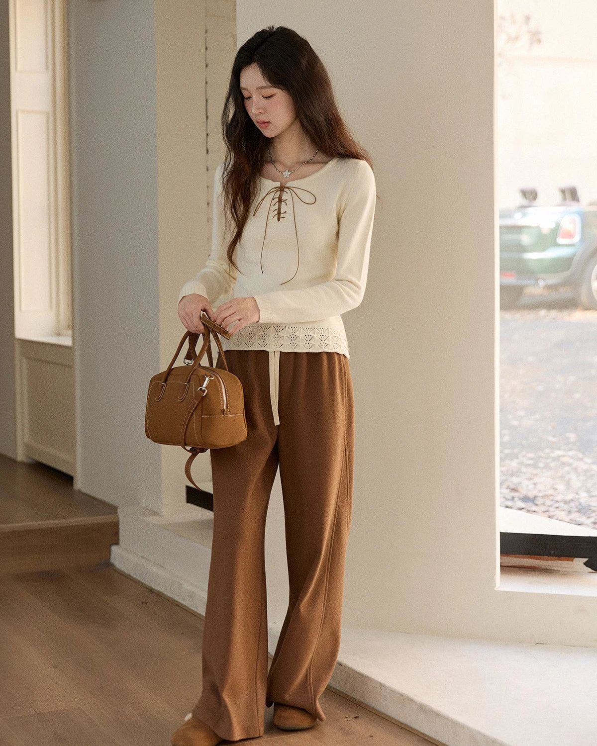 High-Waisted Slim-Fit Straight Wide-Leg Pants