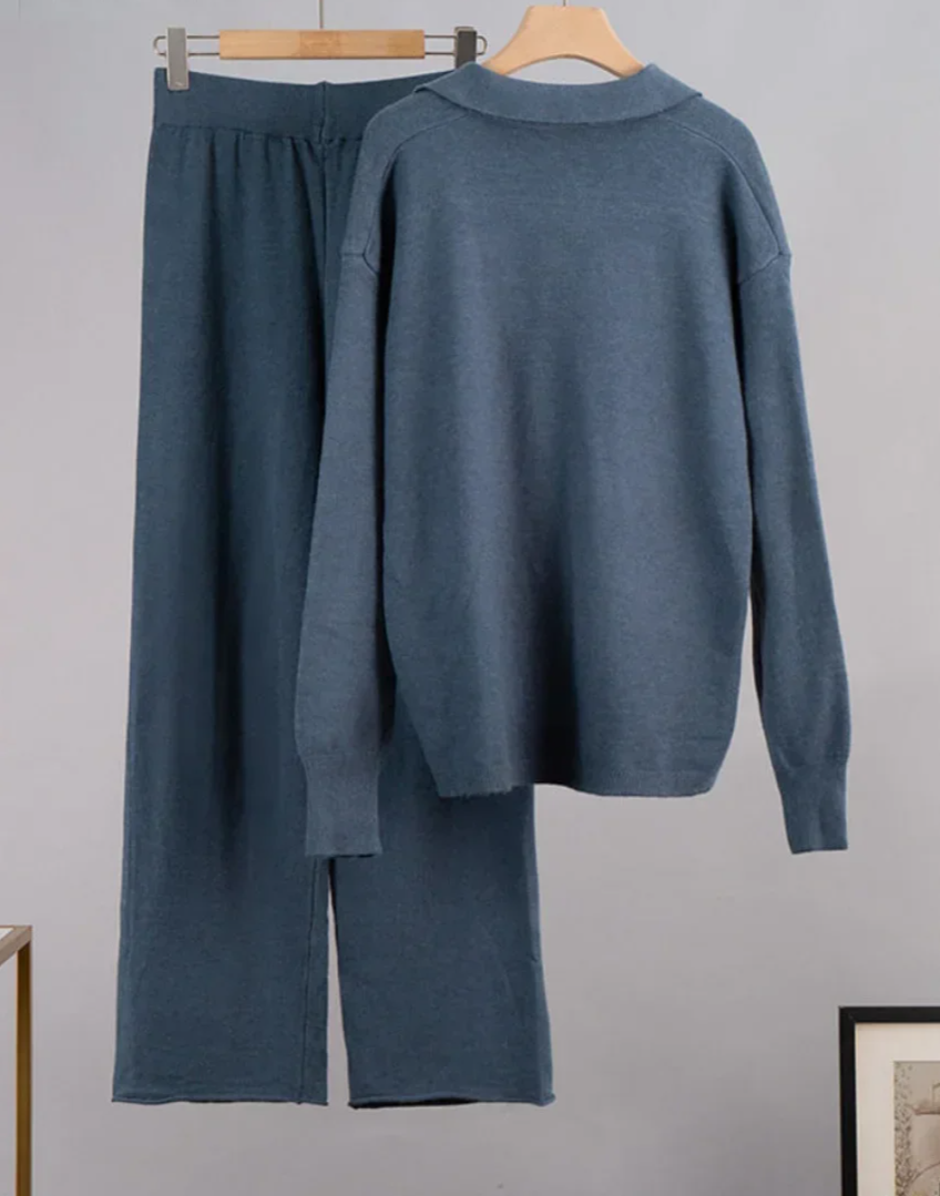 Casual Polo Neck Sweater & Wide Leg Sweatpants Set